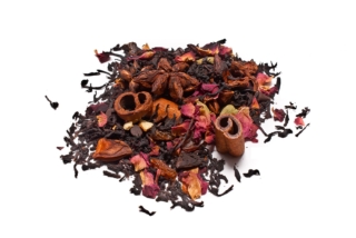 Té pastel de especias Té negro con chocolate, pasas, anís estrellado, cassia vera, vainilla, cardamomo, clavo, corteza de naranja, pétalos de rosa